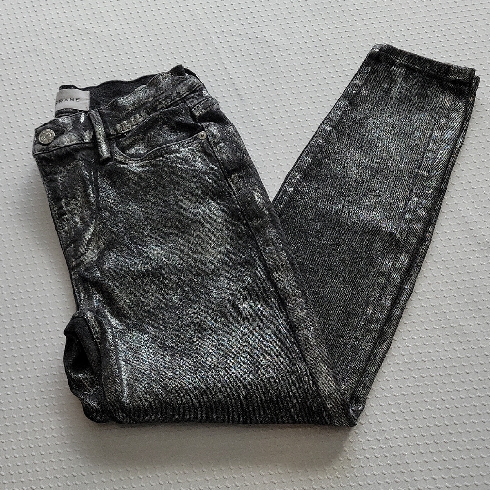 Frame Denim Women's Skinny Jeans 26 in Metallic Silver Black